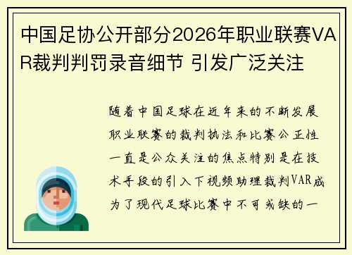 中国足协公开部分2026年职业联赛VAR裁判判罚录音细节 引发广泛关注
