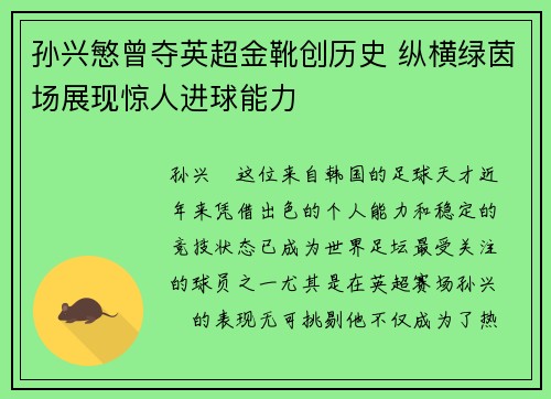 孙兴慜曾夺英超金靴创历史 纵横绿茵场展现惊人进球能力