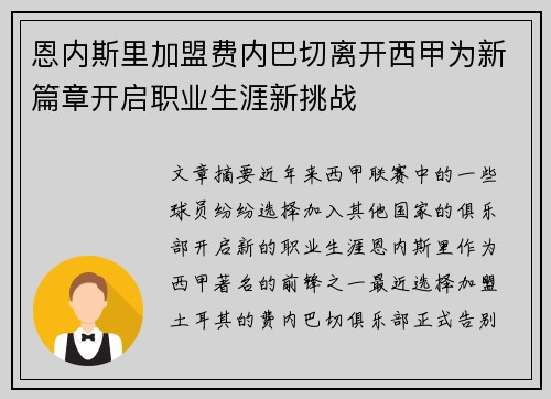恩内斯里加盟费内巴切离开西甲为新篇章开启职业生涯新挑战